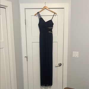 Elegant Navy One-Shoulder Evening Dress Prom Gala Jeweled Detail City Studio 3